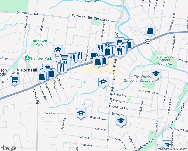 map of restaurants, bars, coffee shops, grocery stores, and more near 617 County Hills Drive in St. Louis