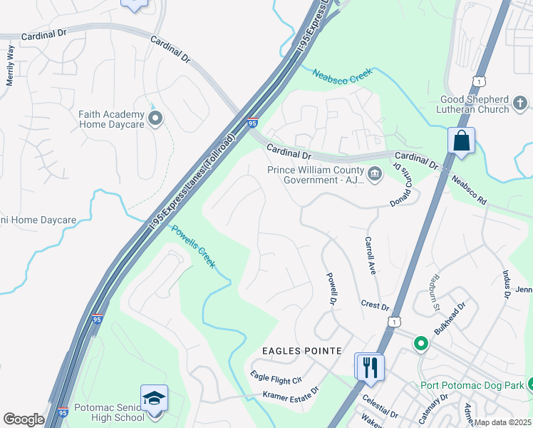 map of restaurants, bars, coffee shops, grocery stores, and more near 15939 Eagle Feather Drive in Woodbridge