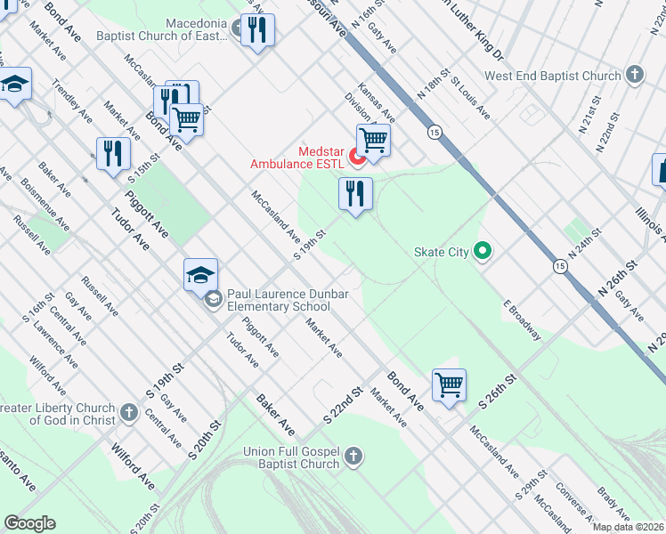 map of restaurants, bars, coffee shops, grocery stores, and more near 1933 McCasland Avenue in East St. Louis