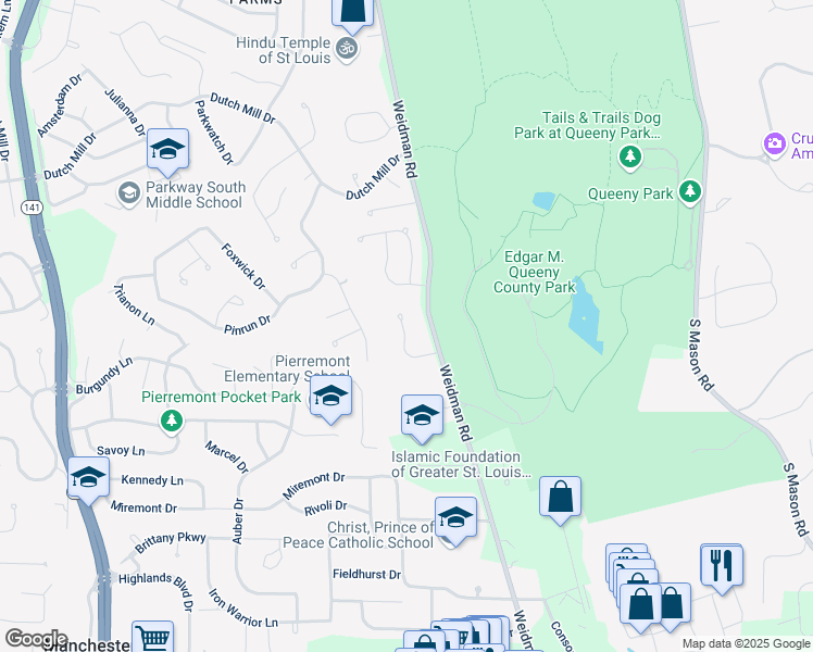map of restaurants, bars, coffee shops, grocery stores, and more near 726 Turtle Cove in Ballwin