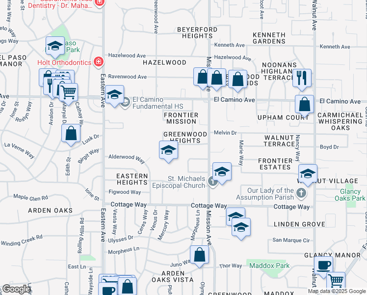 map of restaurants, bars, coffee shops, grocery stores, and more near 4628 Oxbow Drive in Sacramento