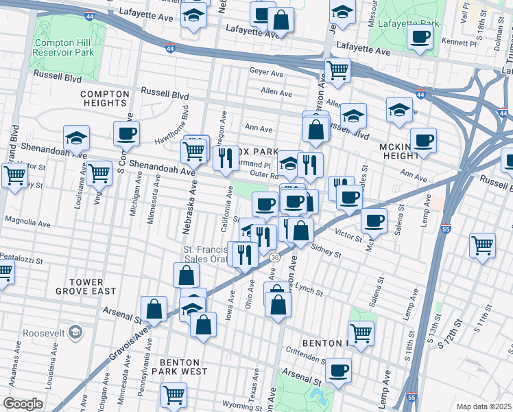 map of restaurants, bars, coffee shops, grocery stores, and more near 2700 Victor Street in St. Louis