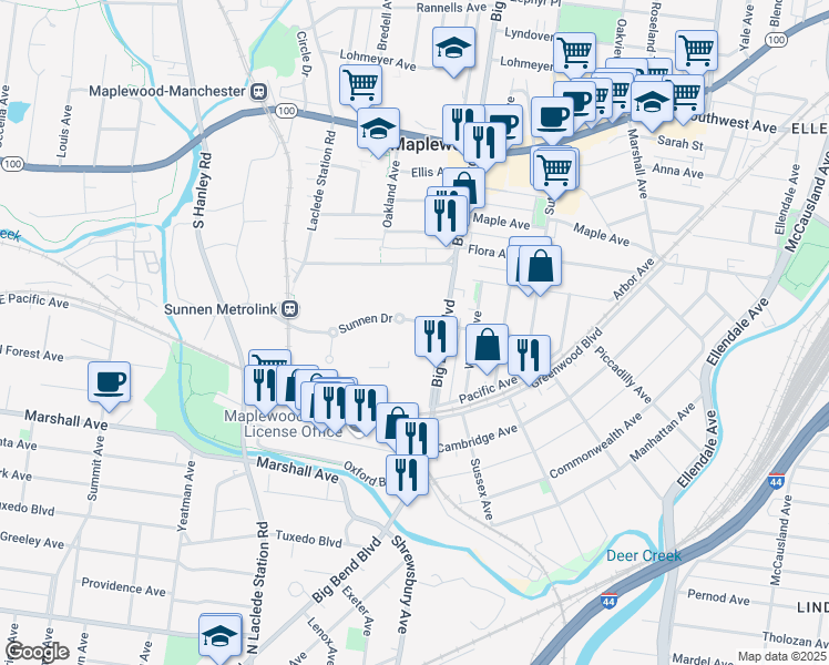 map of restaurants, bars, coffee shops, grocery stores, and more near 2 Sunnen Drive in Maplewood