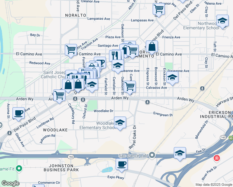 map of restaurants, bars, coffee shops, grocery stores, and more near 2230 Cantalier Street in Sacramento