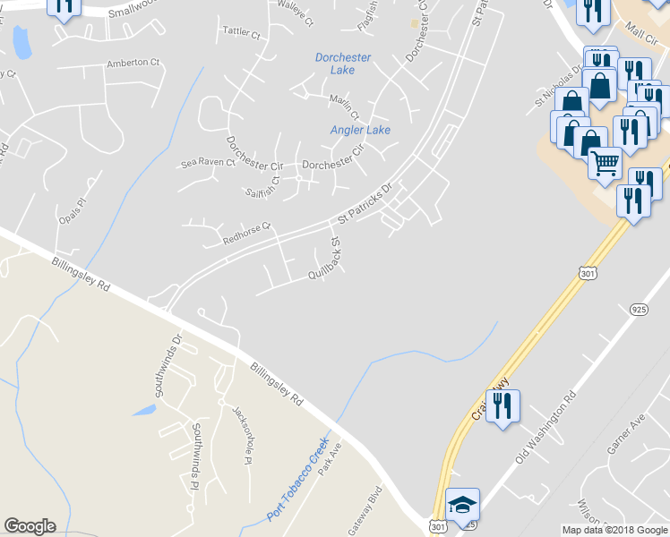 map of restaurants, bars, coffee shops, grocery stores, and more near 3810 Molly Miller Court in Waldorf