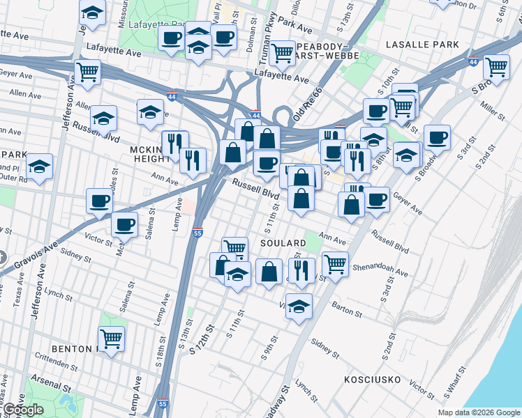 map of restaurants, bars, coffee shops, grocery stores, and more near 2127a South 12th Street in St. Louis