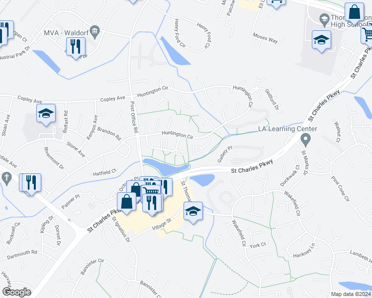 map of restaurants, bars, coffee shops, grocery stores, and more near 3831 Kearnys Inn Place in Waldorf