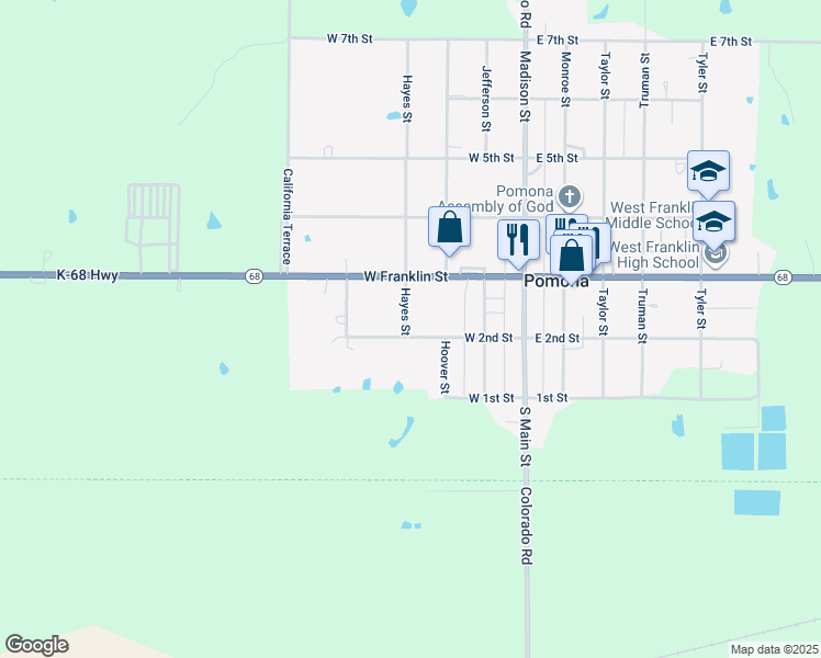 map of restaurants, bars, coffee shops, grocery stores, and more near 203 Hayes Street in Pomona