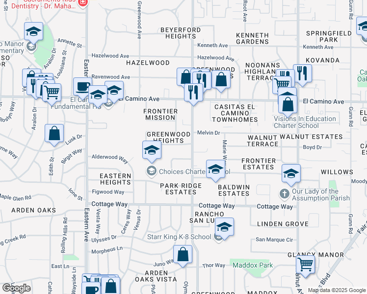 map of restaurants, bars, coffee shops, grocery stores, and more near 4652 Oxbow Drive in Sacramento