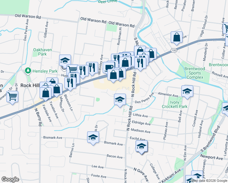 map of restaurants, bars, coffee shops, grocery stores, and more near 812 Leonard Drive in St. Louis