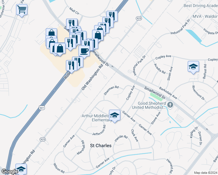 map of restaurants, bars, coffee shops, grocery stores, and more near 112 Sherman Road in Waldorf