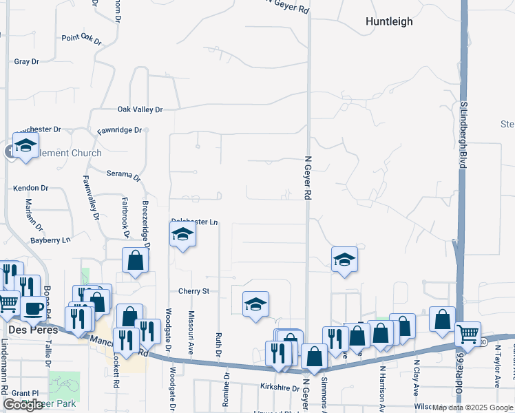 map of restaurants, bars, coffee shops, grocery stores, and more near 556 Timberwyck Drive in Frontenac