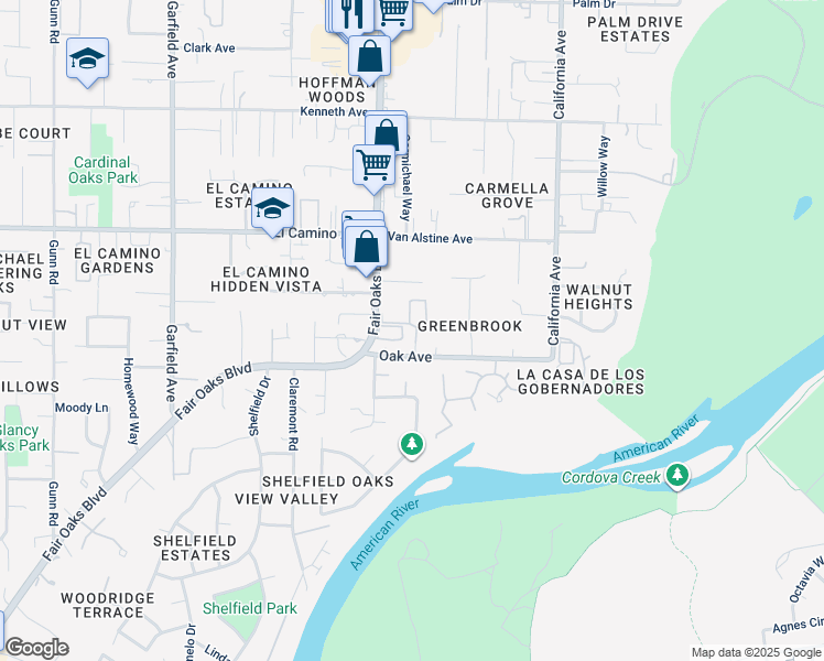 map of restaurants, bars, coffee shops, grocery stores, and more near 5820 Fair Oaks Boulevard in Carmichael