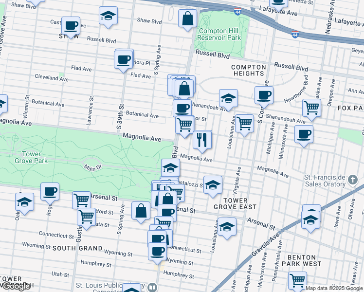 map of restaurants, bars, coffee shops, grocery stores, and more near 2710 South Grand Boulevard in St. Louis