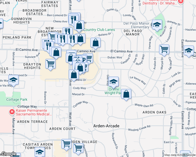 map of restaurants, bars, coffee shops, grocery stores, and more near 3625 Cody Way in Sacramento