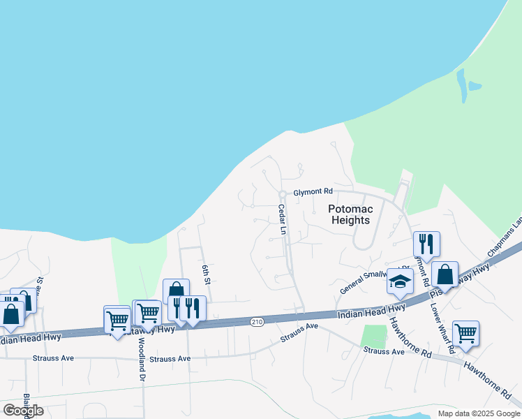 map of restaurants, bars, coffee shops, grocery stores, and more near 24 Highland Place in Indian Head