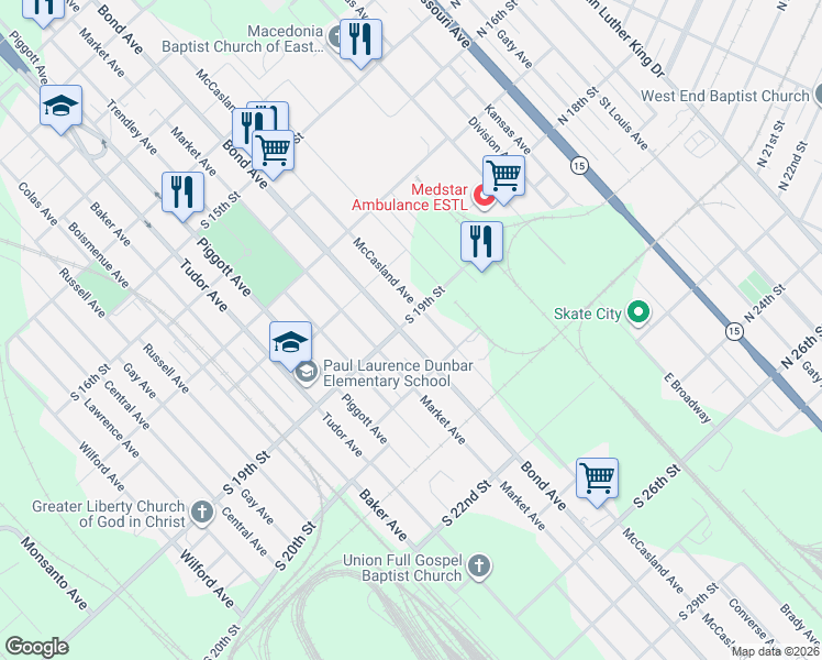 map of restaurants, bars, coffee shops, grocery stores, and more near 1906 McCasland Avenue in East St. Louis