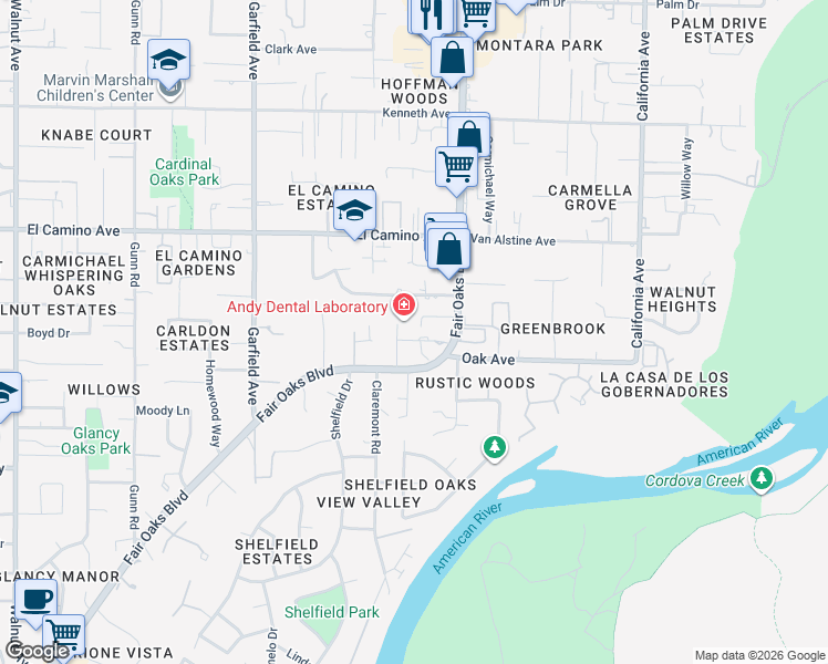 map of restaurants, bars, coffee shops, grocery stores, and more near 5807 Twin Gardens Road in Carmichael