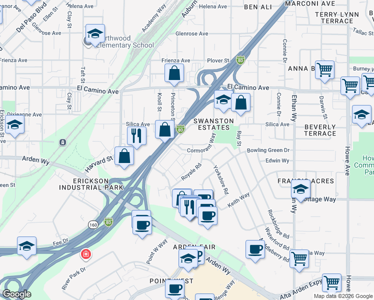 map of restaurants, bars, coffee shops, grocery stores, and more near 1605 Cormorant Way in Sacramento