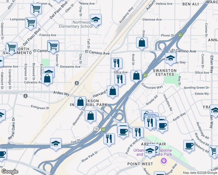 map of restaurants, bars, coffee shops, grocery stores, and more near 2241 Harvard Street in Sacramento