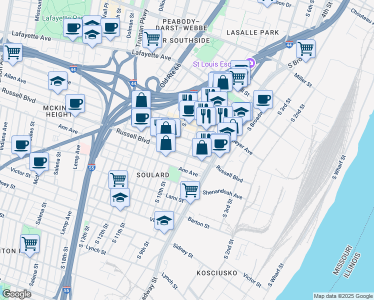 map of restaurants, bars, coffee shops, grocery stores, and more near 905 Russell Boulevard in St. Louis