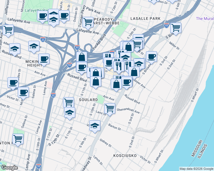 map of restaurants, bars, coffee shops, grocery stores, and more near 905 Russell Boulevard in St. Louis