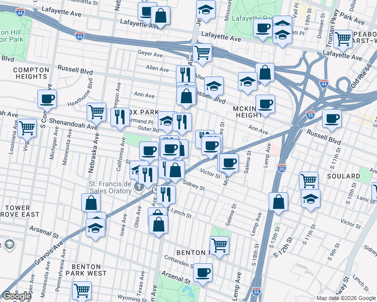 map of restaurants, bars, coffee shops, grocery stores, and more near 2312 South Jefferson Avenue in St. Louis