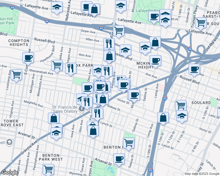 map of restaurants, bars, coffee shops, grocery stores, and more near 2312 South Jefferson Avenue in St. Louis
