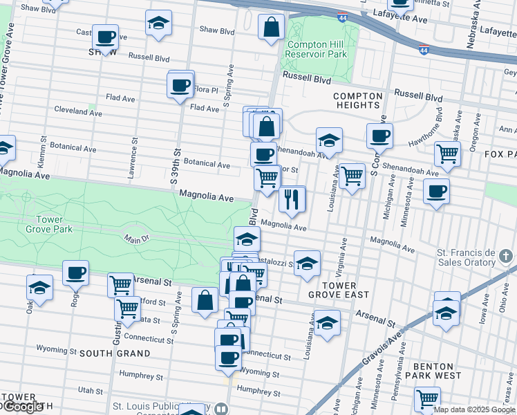 map of restaurants, bars, coffee shops, grocery stores, and more near in St. Louis