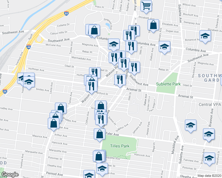 map of restaurants, bars, coffee shops, grocery stores, and more near 6052 Arsenal Street in St. Louis