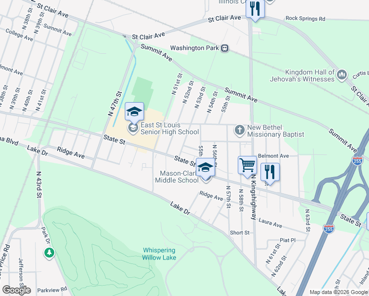 map of restaurants, bars, coffee shops, grocery stores, and more near 625 North 53rd Street in East St. Louis