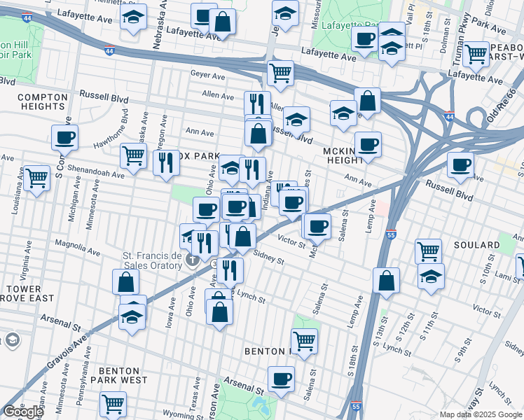 map of restaurants, bars, coffee shops, grocery stores, and more near 2312 South Jefferson Avenue in St. Louis