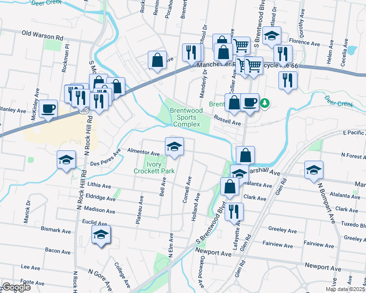 map of restaurants, bars, coffee shops, grocery stores, and more near 21 West Waymire Avenue in Webster Groves