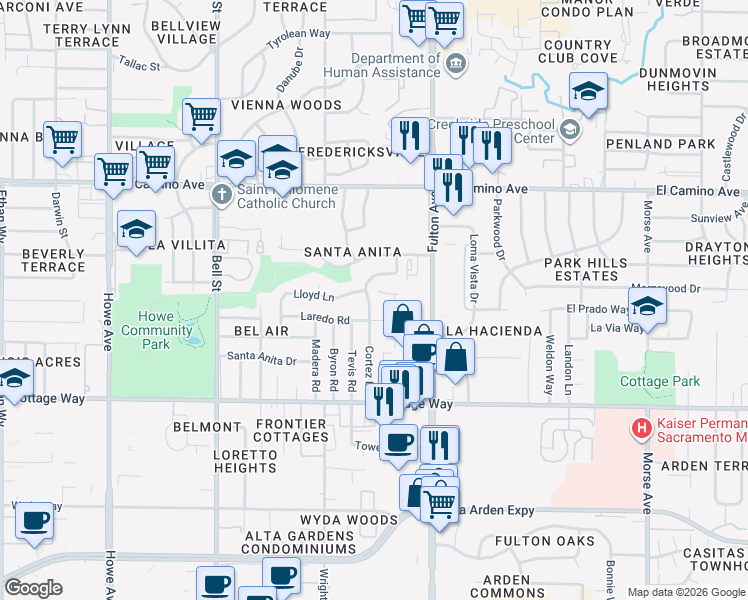 map of restaurants, bars, coffee shops, grocery stores, and more near 2312 Cortez Lane in Sacramento