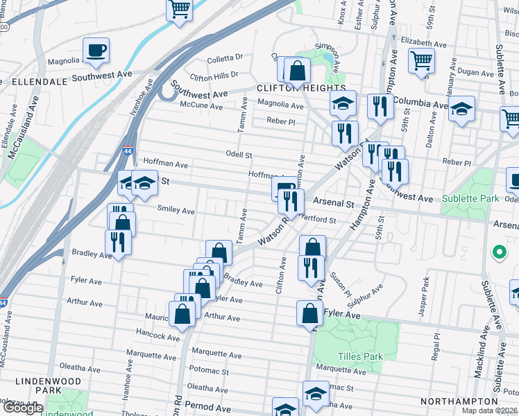 map of restaurants, bars, coffee shops, grocery stores, and more near 6315 Juniata Street in St. Louis