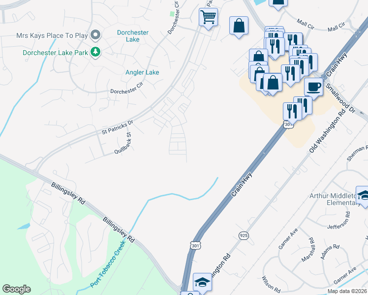 map of restaurants, bars, coffee shops, grocery stores, and more near 10945 Bartholomew Alley in Waldorf