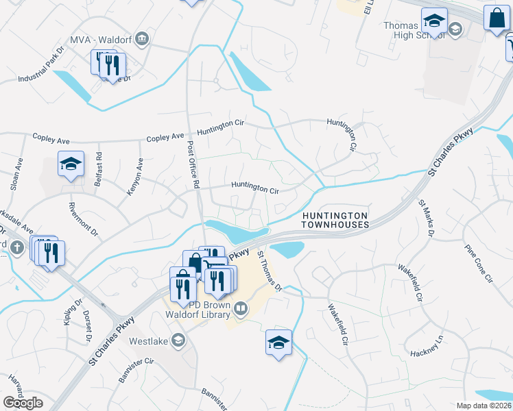 map of restaurants, bars, coffee shops, grocery stores, and more near 3817 Kearnys Inn Place in Waldorf