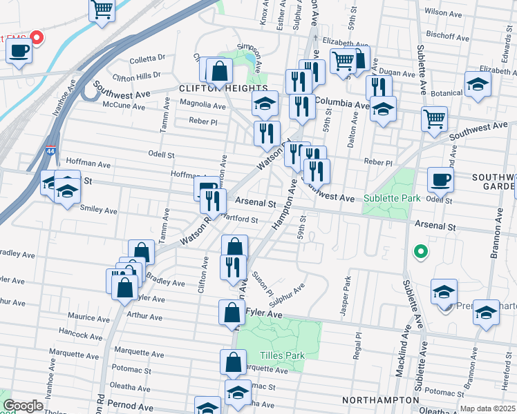 map of restaurants, bars, coffee shops, grocery stores, and more near 6044 Arsenal Street in St. Louis