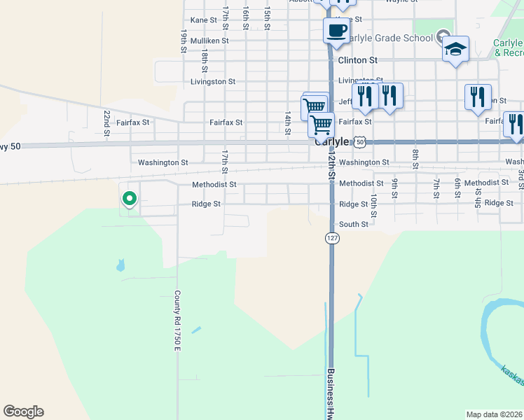 map of restaurants, bars, coffee shops, grocery stores, and more near 1550 Ridge Street in Carlyle