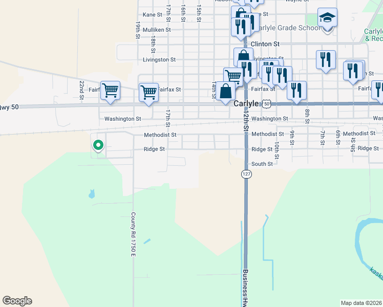 map of restaurants, bars, coffee shops, grocery stores, and more near 1550 Ridge Street in Carlyle