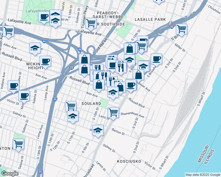 map of restaurants, bars, coffee shops, grocery stores, and more near 905 Russell Boulevard in St. Louis