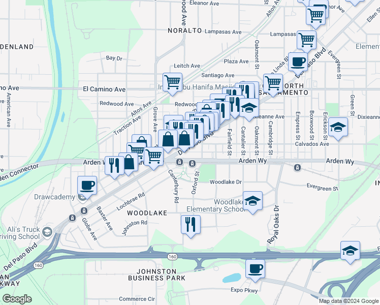 map of restaurants, bars, coffee shops, grocery stores, and more near 434 Lea Way in Sacramento