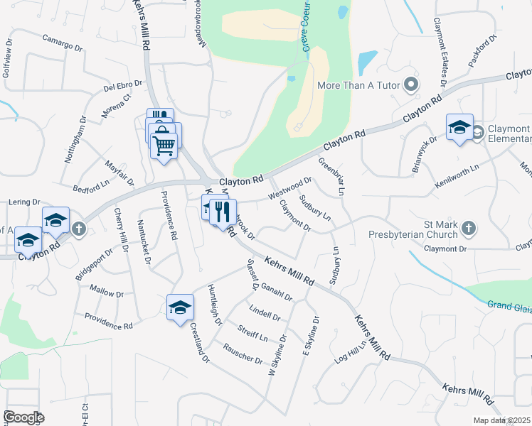 map of restaurants, bars, coffee shops, grocery stores, and more near 829 Twosome Court in Ballwin