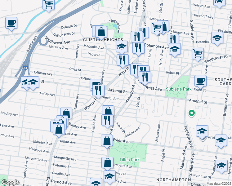 map of restaurants, bars, coffee shops, grocery stores, and more near 6052 Arsenal Street in St. Louis
