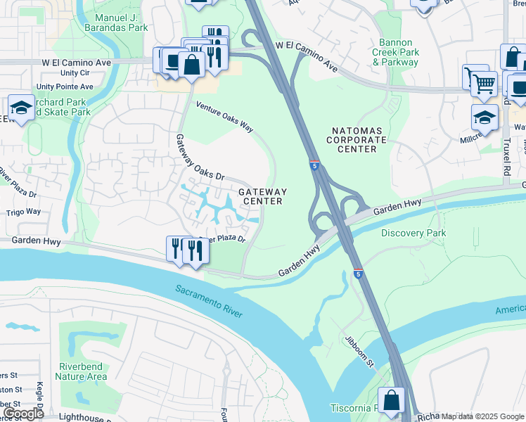map of restaurants, bars, coffee shops, grocery stores, and more near 2255 Gateway Oaks Drive in Sacramento