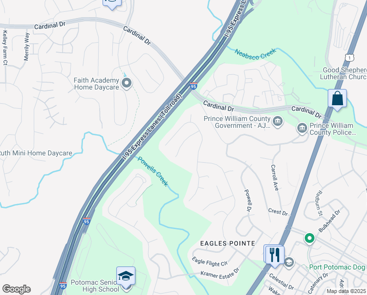 map of restaurants, bars, coffee shops, grocery stores, and more near 3027 Landing Eagle Court in Woodbridge