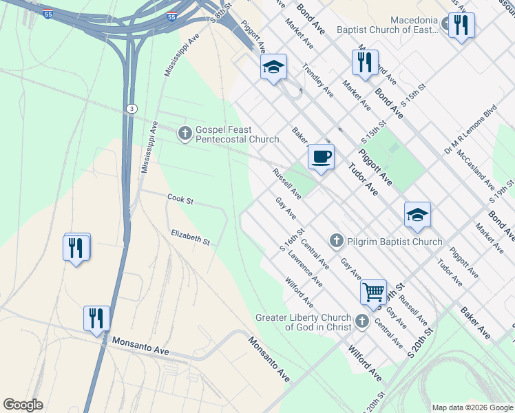 map of restaurants, bars, coffee shops, grocery stores, and more near 1400 Central Avenue in East St. Louis