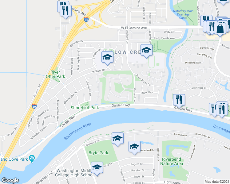map of restaurants, bars, coffee shops, grocery stores, and more near 3160 Swallows Nest Drive in Sacramento