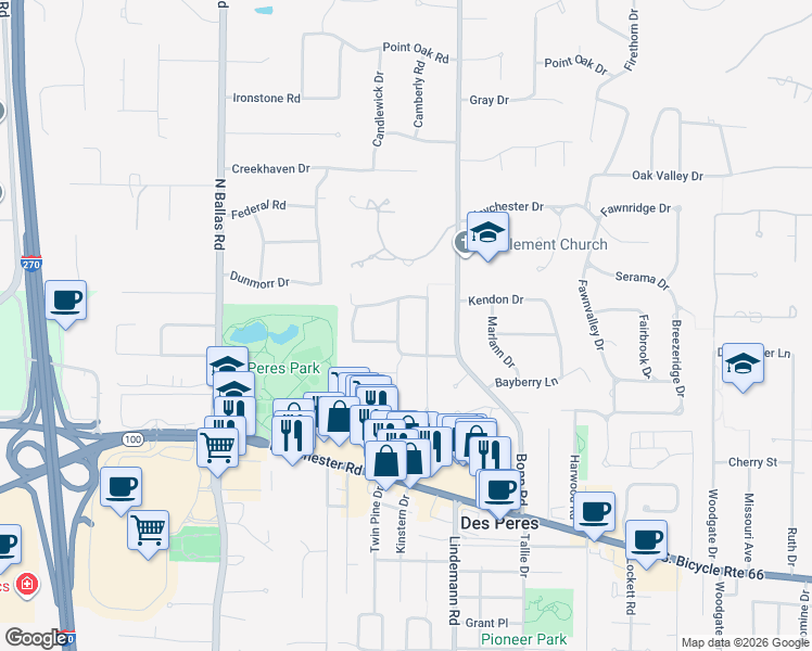 map of restaurants, bars, coffee shops, grocery stores, and more near 1422 Lawnwood Drive in Des Peres