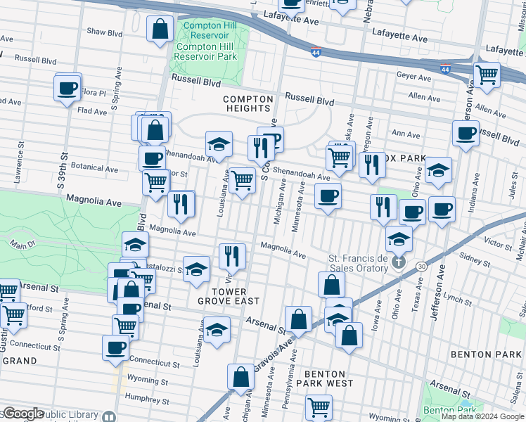 map of restaurants, bars, coffee shops, grocery stores, and more near 2604 South Compton Avenue in St. Louis